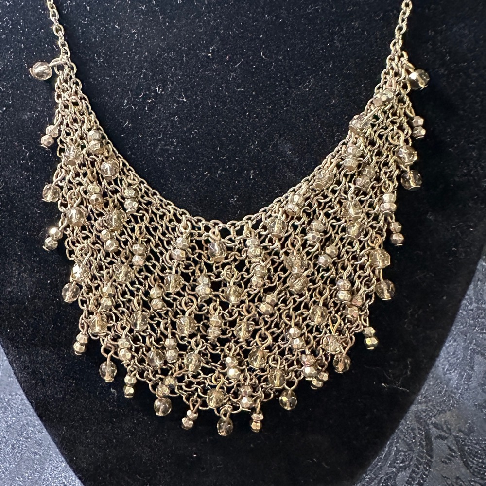 Coldwater Creek Chain Bead Mesh Bib Necklace Silver Statement Boho Western NWT